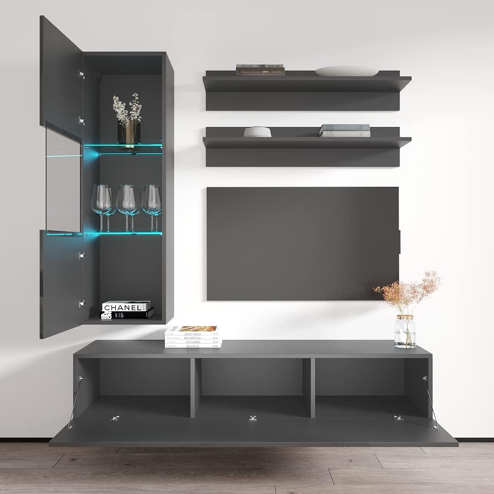 Meble Furniture Fly H1 30TV Stand Wall-Mounted Entertainment Center — Floating Modern Console with Storage Shelves and 16-Color LED Lights — 59.1" W x 15.7" H x 15.7" D — Grey