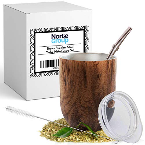 Yerba Mate Cup Set Natural Brown (Mate Gourd - 12 Ounces), Includes Bombilla (Yerba Mate Straw), Lid & Cleaning Brush, 18/8 Stainless Steel Double-Walled Tea Cup, Easy To Clean #TOP6