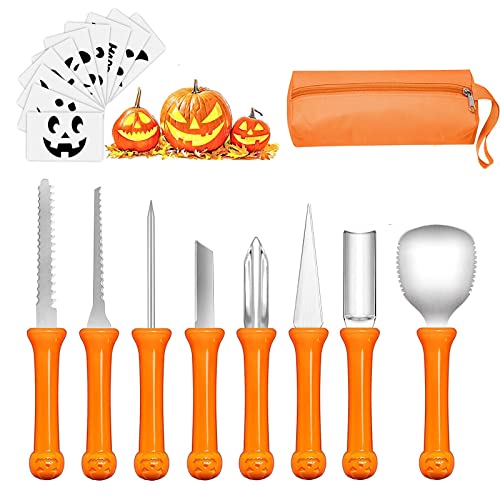 Halloween Kürbis Schnitzset, 8 Stück Edelstahl Schnitzwerkzeug Kürbis schnitzmesser für DIY, Kürbisschnitzset für Kinder Erwachsene und Familie Cover