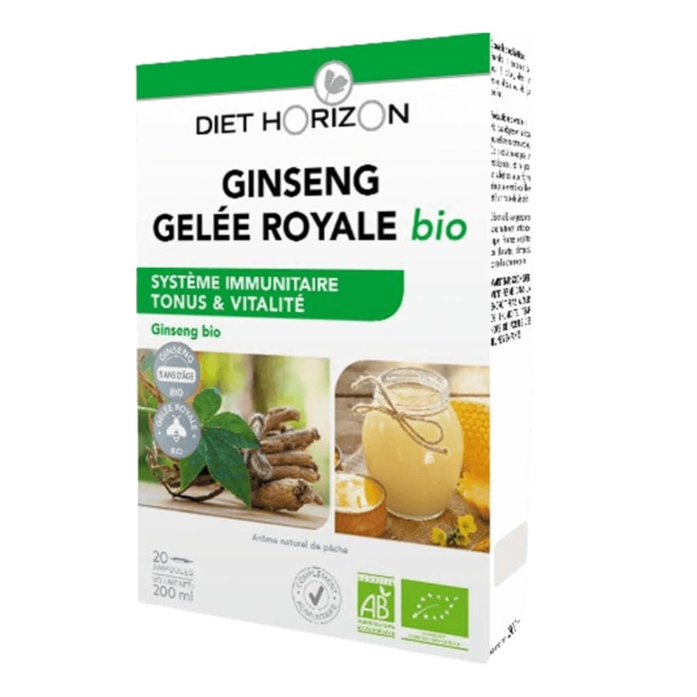 Diet Horizon - Ginseng Gelée Royale Bio - Complément Alimentaire - Système Immunitaire, Tonus & Vitalité - Fabriqué en France - 20 Ampoules