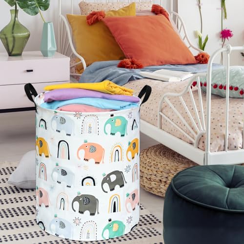 Image of Round Rainbow elephant Pattern Laundry Hamper Clothes Storage Basket Fabric Storage Hamper Organization Storage Bin, Nursery Box,Gift Basket with Handles