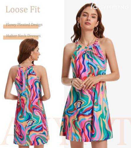 Image of ANYFITTING Summer Dress with Built in Bra Casual Beach Sundress Flowy Halter Mini Short Dresses for Women 2026