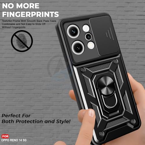 Image of AESTMO Tough Armor Oppo Reno 14 5G Bumper Back Case Cover | Ring Holder & Sliding Camera Shield Cover | 360 Degree Protection Back Case Cover for Oppo Reno 14 5G (Black)