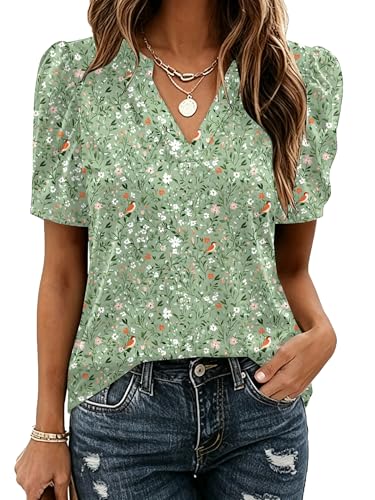 Image of Zeagoo Women Blouses Puff Short Sleeve Tops V Neck Dressy Casual Spring Shirts Boho Floral Cute Clothes 2026