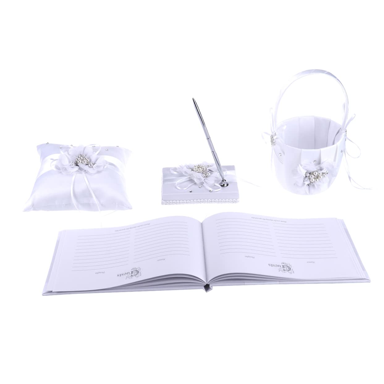 Unomor Complete Wedding Ring Pillow and Flower Basket Kit 20x20cm Ring Pillow Notebook and Pen White Flower Design