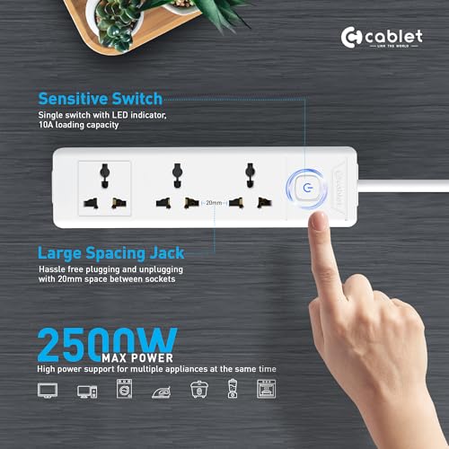 Image of Cablet Extension Board 1.8 Meter Cable, 2500W 10A, 3 Universal Multi Plug Socket, Master Switch, 1.8 Mtr Heavy Duty Cord, LED Indicator, Power Strip for Home Office