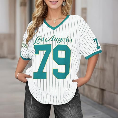 Oversized Jersey Shirts for Women V Neck Striped Number Graphic Tees Y2k Jerseys Short Sleeve Streetwear Summer Tops4
