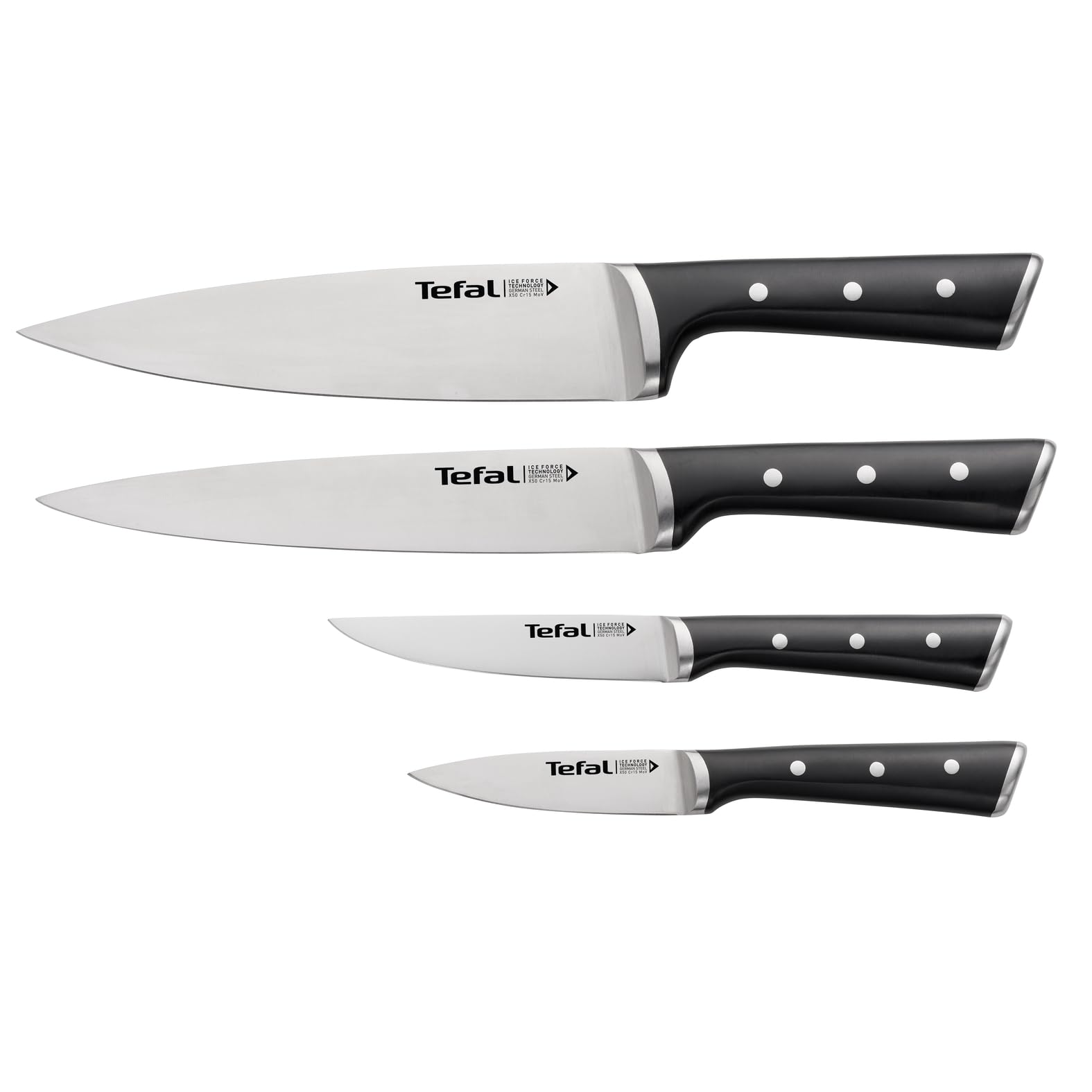 Tefal Ice Force Set de 4 couteaux de cuisine, Lame acier inoxydable allemand, Garantie 10 ans, Coupe et tranchant haute performance K2324S74