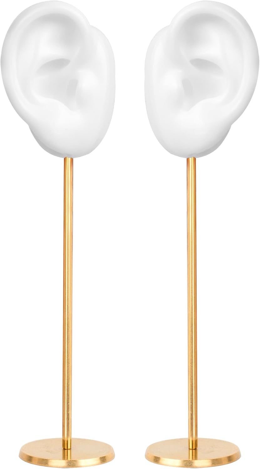 Earring Display Stand, Ear Shaped Piercing Stud Holder, Copper Round Base Silicone Body Mannequin Model Organizer, Navel Jewelry for Girl Women Shows Rack Birthday Wedding Decor (White, Left&Right)
