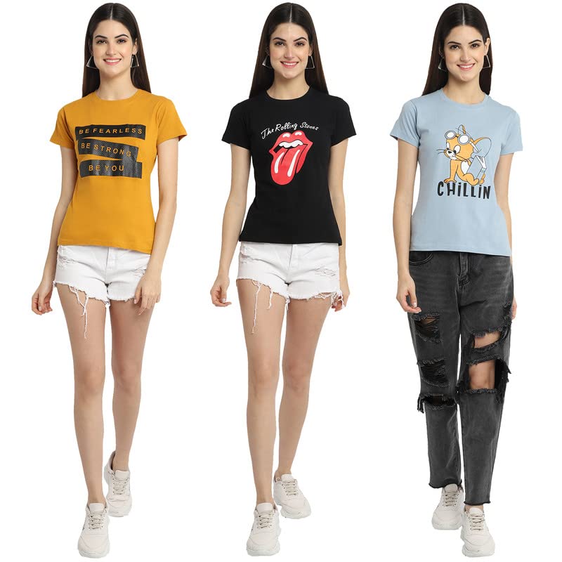 Image of Preneum Women's Cotton Regular Fit Graphic Stylish Printed Short Sleeves Casual T-Shirt || Trendy & Style (Pack 3)