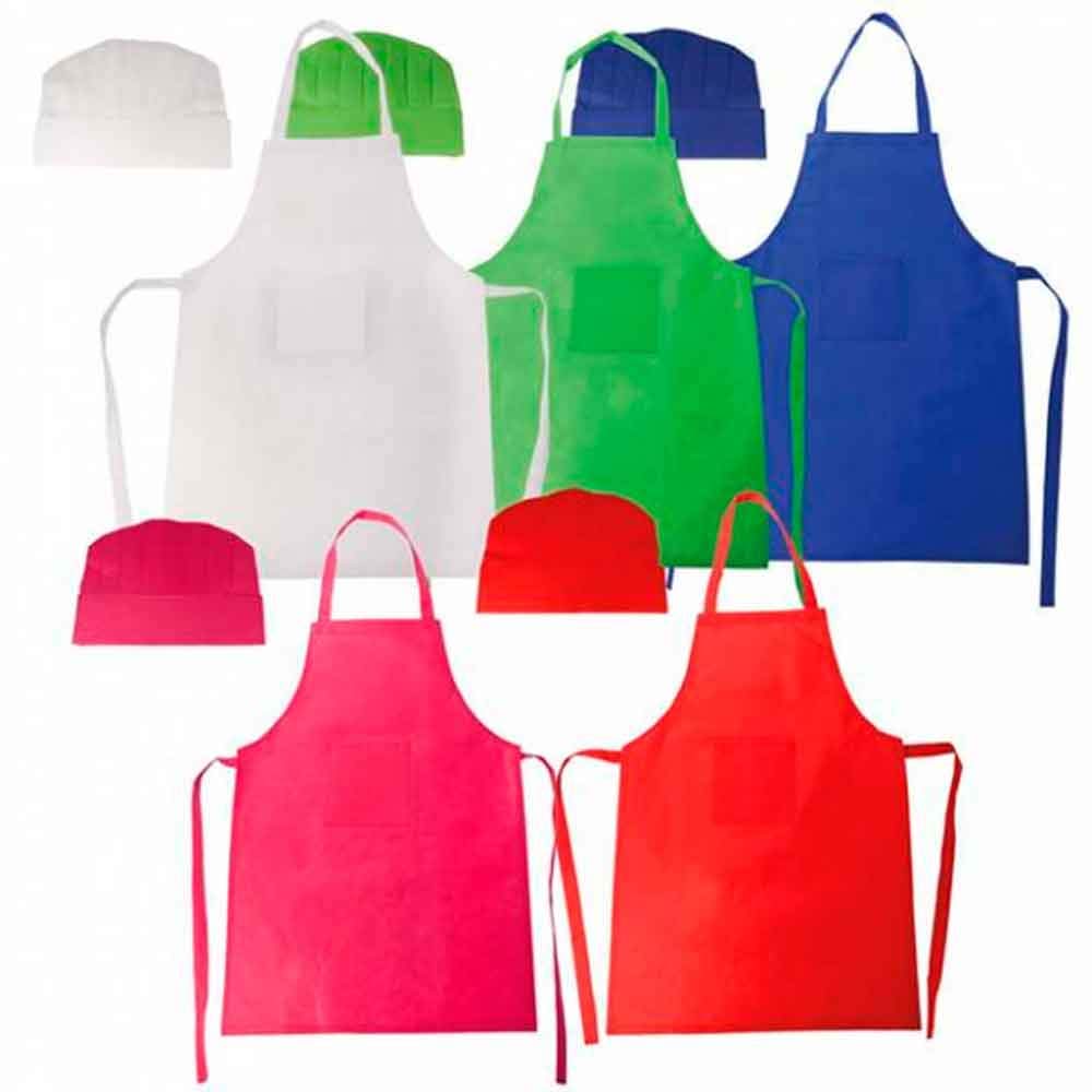 Lot de 25 tabliers avec bonnet pour les petits cuisiniers aux couleurs variées. Cadeau idéal pour les anniversaires, les écoles, les fêtes et les événements avec enfants.