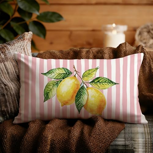 Image of Pink and Yellow Summer Italian Mediterranean Amalfi Coast Lemon Pillow Cover Decor 12x20,Italian Striped Decorative Throw Pillow Cover Decor for Couch Double-Sided