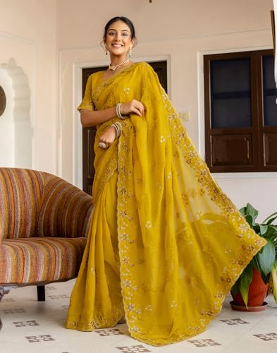 Image of SIRIL Women's Shimmer Chiffon Sequence Embroidery Saree With Unstitched Blouse Piece for Wedding and Parties