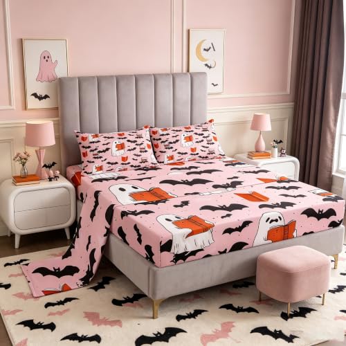 jejeloiu Kids Halloween Decor Bed Sheets Set Twin Size Bats Deep Pocket Fitted Sheet Cartoon Ghost Bedding Sets Spooky Halloween Pattern Soft Bed Set 3Pcs with 1 Pillow Cases