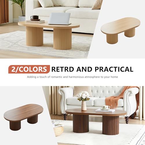Image of Oval Fluted Coffee Table for Living Room, Modern Small Coffee Table,Walnut | Mid Century Modern Coffee Table with Fluted Legs, Wooden Center Table for Home Office Cafe, Vintage, 39.38 inch x 19.69 inch x 13.78 inch