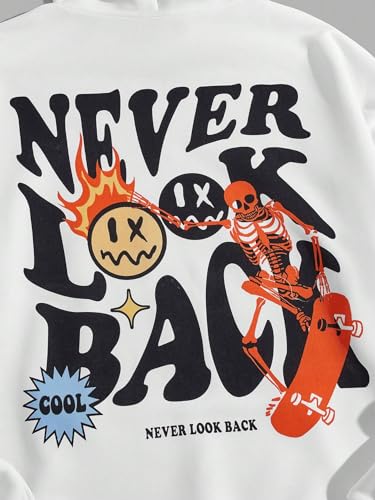 COZYEASE Men's Graphic Letter Print Drawstring Street Hoodies Oversized Vintage Long Sleeve Sweatshirts White L4