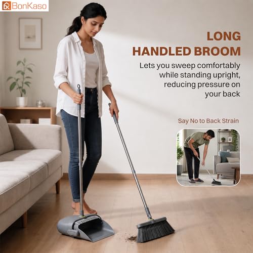 Image of BonKaso Broom and Dustpan Set with Long Handle, Upright Standing Floor Broom and Jhadu with Self Cleaning Comb, Rubber Lip and Multilayer Bristles, Foldable Space Saving Indoor Cleaning Set