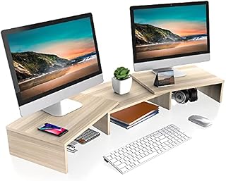 FITUEYES Dual Monitor Stand Wood PC Laptop Computer Screen Riser, 3 Shelf Swivel Length Adjustable, Home Office Supplies, Desk Organzier, Max Load 25kg, Oak