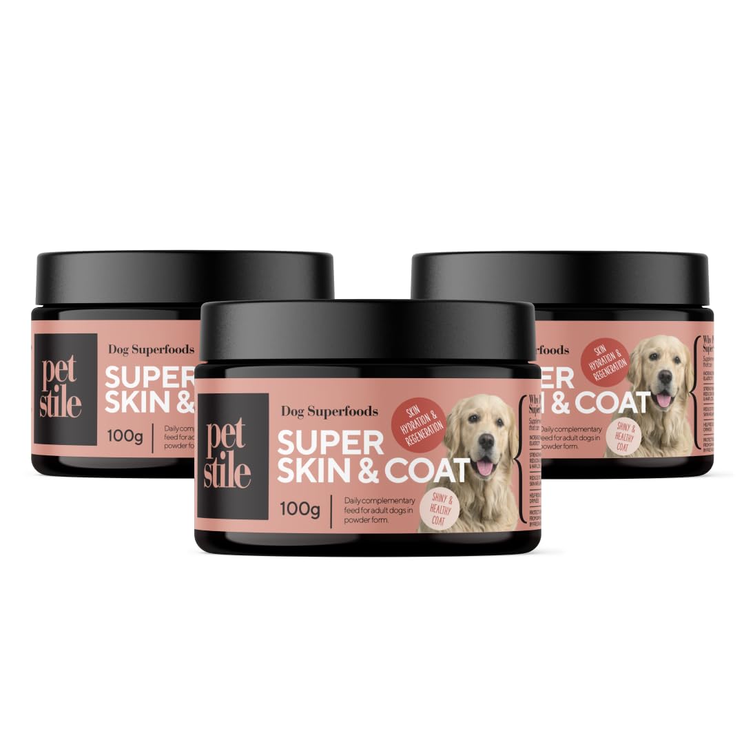 Super Skin & Coat Omega 3 pour Chiens – Peau Saine & Pelage Brillant avec Oméga-6, Zinc, Biotine, Vitamine E & Huile de Poisson – Réduit Démangeaisons & Perte de Poils (100 g (Paquet de 3))