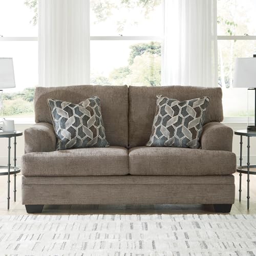Image of Signature Design by Ashley Stonemeade Loveseat, Arrives Fully Assembled, Contemporary 2 Seater Small Couch, Toss Pillows Included, Anti-Sag Platform, Polyester Chenille Fabric, Nutmeg Dark Brown