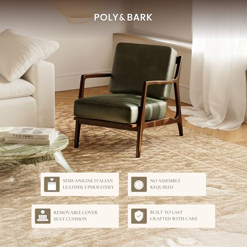 Image of Poly & Bark Verity Leather Accent Chair - Armchair with Walnut Wood Frame - Fashion-Forward Lounge Seating for Living Room - Upholstered in Olivine Green Leather for Modern Style