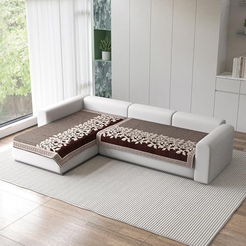 Image of Nendle Superior Velvet Floral Sofa Mat 4 Seater Set Cover Durable Protector for Living Room Sofa Set 2+2, Suitable for L Shape, Sectional and U Shape Sofa (Color Brown, Pack of 2)