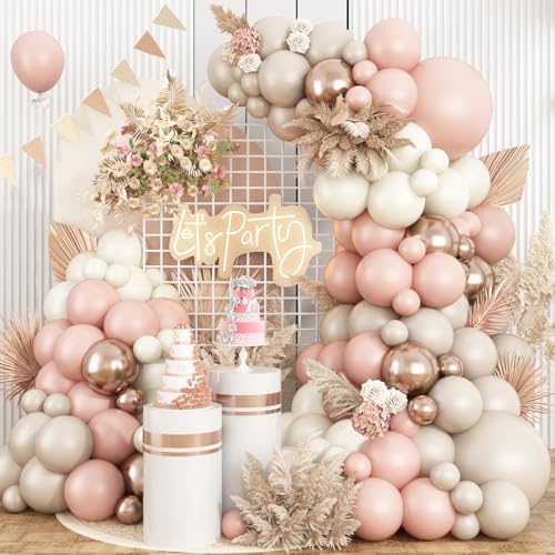 Pink White Balloon Arch Kit,Boho Balloon Garland with Pink Cream Beige Champagne Gold White Sand Balloons for Neutral Baby Shower Wedding Boho Bridal Party Decorations