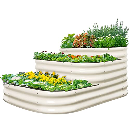 Quictent Galvanized 3 Tiered Raised Garden Bed Kit, 43X63X25.6 In Oval Planting Box Rubber Strip Edging, For Vegetables Outdoor 3-In-1 Assembly Modular (Beige) Include Liner #TOP11