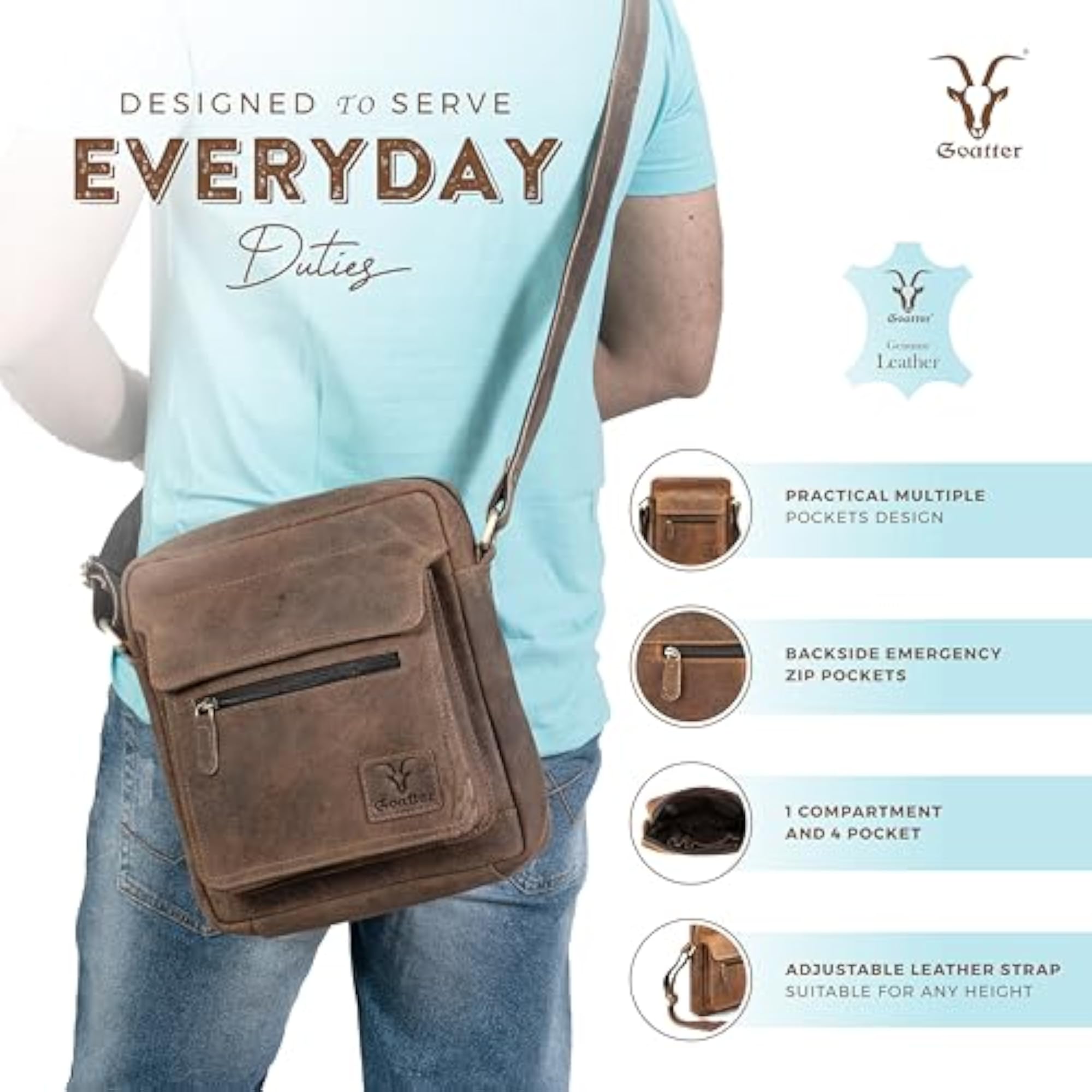 Hunter Leather Multi Pocket 10 Inch Messenger Sling Bag
