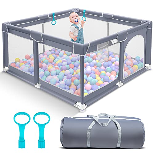 Suposeu Baby Playpen, Baby Playpen for Toddler, Baby Playard Indoor & Outdoor Kids Activity Center with Anti-Slip Base, Safety Play Yard with Soft Breathable Mesh, Kid's Fence, Grey