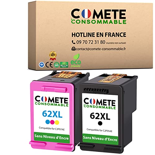 COMETE 62 XL Pack 2 Cartouches d'encre Compatibles avec HP 62 XL 62XL sans Affichage du Niveau d'encre Cartouche pour HP Officejet 5740 5742 HP Envy 5640 5642 5644 7640 eAIO Noir + Couleur Cover