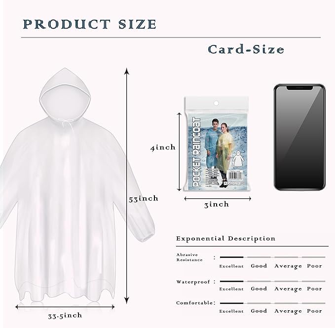 Image of Disposable Rain Ponchos for Adults, Card-Sized Ponchos Family Pack with Hood