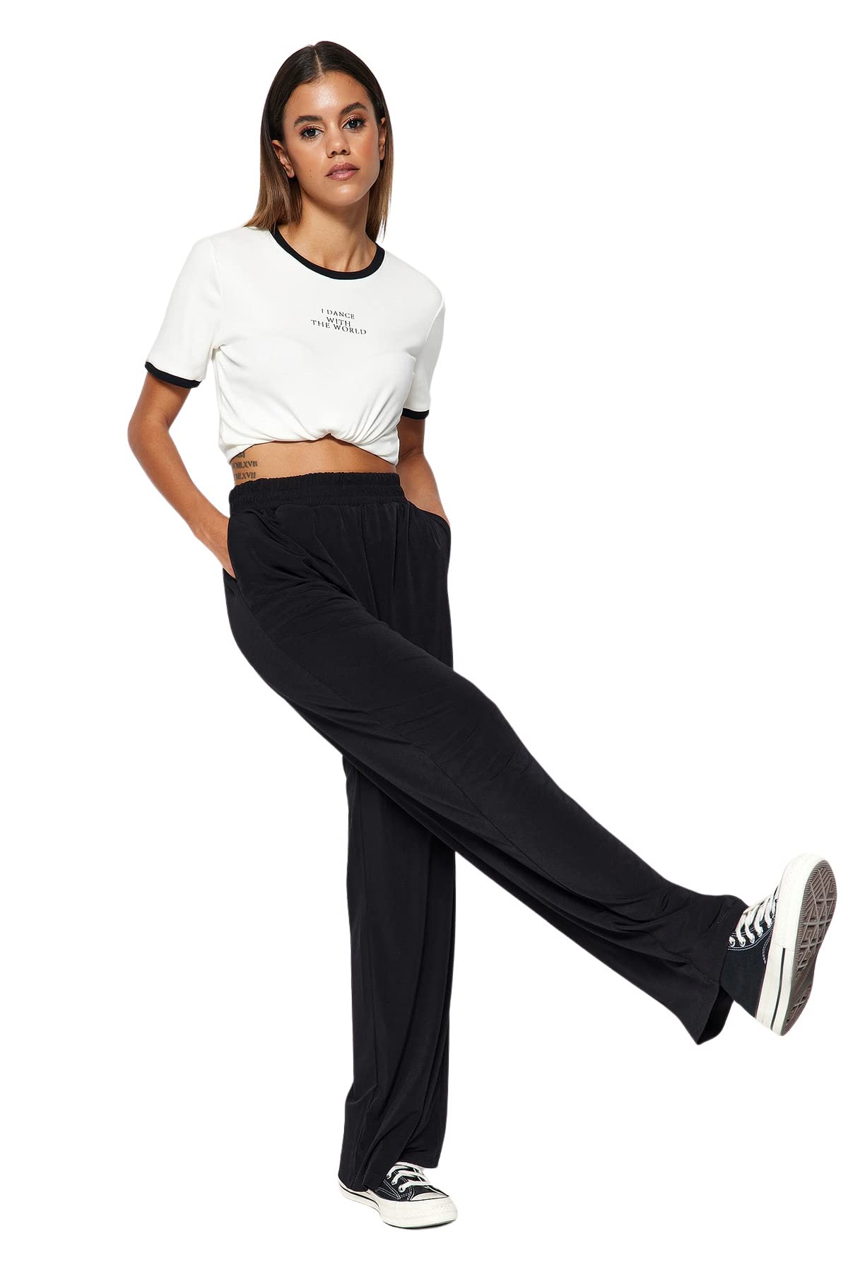 Trendyol Women Normal Waist Wide Leg Trousers,Black,S