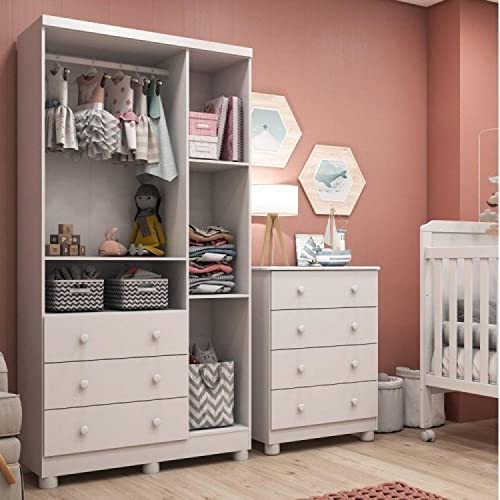 Conjunto para Quarto de Bebê Guarda Roupa 3 Portas Cômoda 4 Gavetas Pipoca Móveis Peroba Branco Bril
