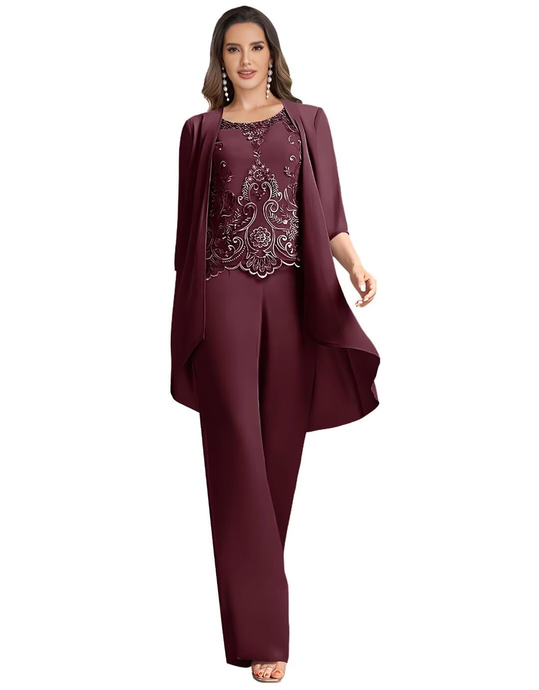 3 Pieces Mother of The Bride Pant Suits for Wedding Party Lace Chiffon Pant Suits Dressy for Women