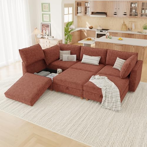Image of 99 inch Modular Sectional Sleeper Sofa Bed with Storage & Washable Covers, 6-Seater Chenille Modular Sofa Bed with Movable Ottoman Chaise, Convertible Sleeper Sectional Couches for Living Room, Orange