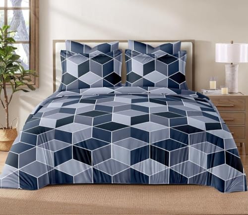 Image of Castiqa Elastic Fitted Supersoft Premium Polycotton 200TC King Size Bedsheets with 2 Pillow Covers (Fits Upto Mattress of 8Inches) (Blue Cubes, Full 72x78x8Inch)