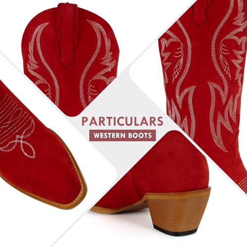 Image of GORBINETI Women Cowboy Boots Mid Calf Cowgirl Western Boots Embroidered Suede Pull On Almond Toe Chunky Heel