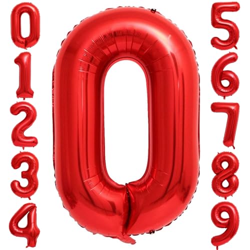 Image of Red 0 Number Balloons,40 Inch 0 Balloons Foil Mylar Helium Big Red 0 Balloon Number for Birthday Party Anniversary Decorations