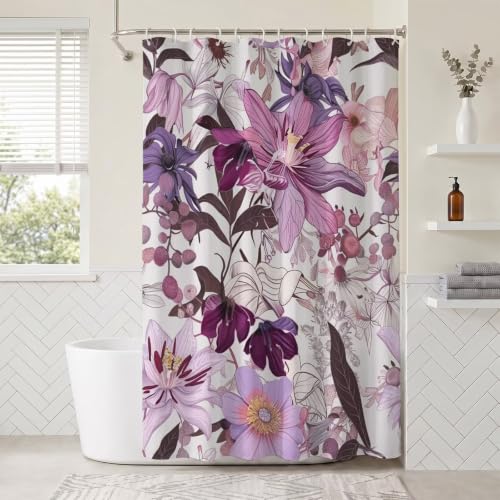 Rideau de douche tissu polyester violet 180x220 lavable accessoires inclus