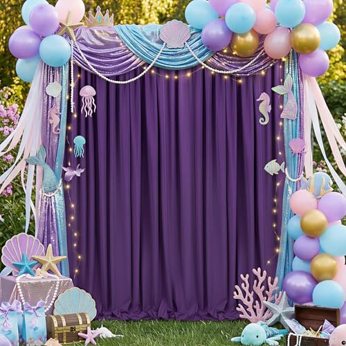 Image of Purple Backdrop Curtains 2 Panels 5ft x 10ft Polyester Backdrop Drapes for Wedding Mermaid Party Halloween Photography Decorations