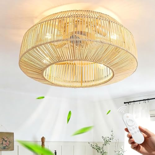 Ventilateur de plafond bohème en rotin haut de gamme avec plafonnier encastré