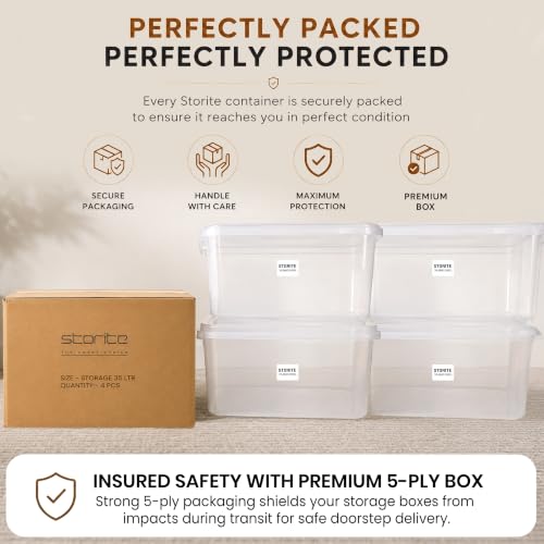 Image of Storite 4 Pcs 35L Plastic Storage Box with Lid-Stackable Organizer Box | Storage Box for Clothes, Toys, Kitchen - Plastic Storage Container Basket for Home, Office, Bathroom(Transparent)