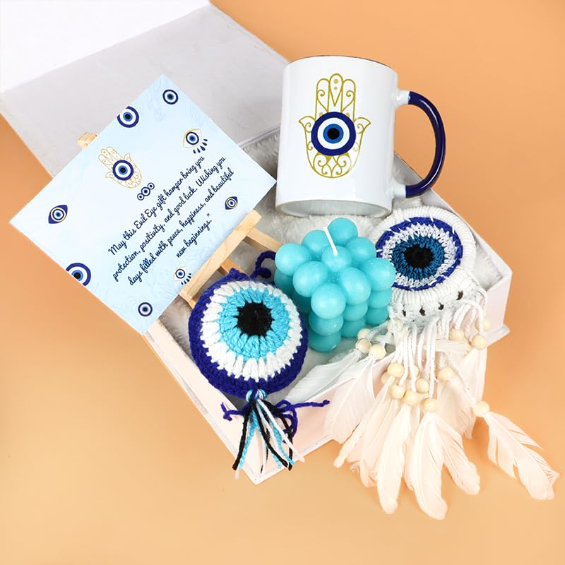 THE LOONY BOX Evil Eye Love & Protection Gift for Her | Mug, Dreamcatcher, Bubble Candle, Crochet Keychain, Easel stand with Card | Birthday, Anniversary, Valentine Surprise Gift for women & Girls-image-36