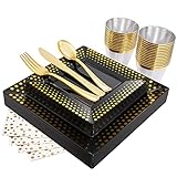 PULOTE 175Pieces Black Square Plastic Plates with Gold Dots - Include 25Dinner Plates 25Dessert...
