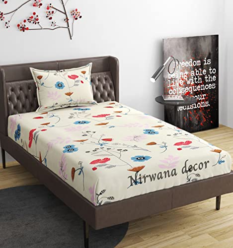 Image of Nirwana Decor Microfiber Fitzy 280 Tc Fitted Bedsheet Single Size, Elastic Bedsheet,36X78 Inches + 10 Inches Drop, With 1 Pillow Cover (Twill-Red-Flower, 36X78)