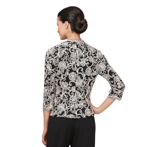 Alex Evenings Women's Stretch Embroidered Formal Event Blouse with Center Front Scallop Detail and Illusion Sleeves2