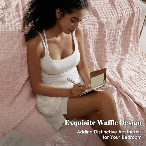 Image of PHF 100% Cotton Waffle Blanket Queen Size for Bed, Lightweight Breathable and Soft for Summer, Luxury Aesthetic Waffle Weave Blanket for Home Decor & Gifts for Women, 90 inchx90 inch, Pink /Mauve