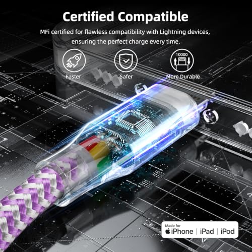 Image of 3 Pack 10 FT iPhone Charger Fast Charging Cord MFi Certified Lightning Cable Nylon Braided iPhone Charger Cord Compatible with iPhone 14 13 12 11 Pro Max XR XS X 8 7 6 Plus SE and More(Purple)