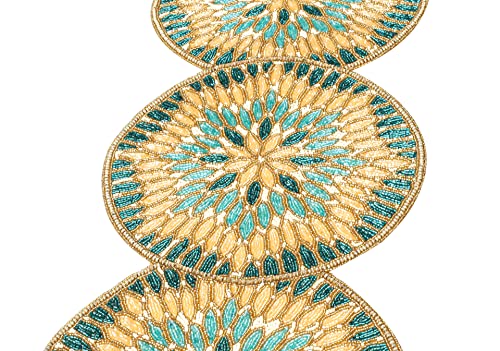 Handmade Beaded Table Runners Placemats, 13X36 Inches Teal Ivory Gold Multi, Halloween Harvest Autumn Fall Thanksgiving Holiday Christmas Xmas Celebration Festive Party Tabletop Décor Tablerunner #TOP6